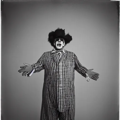 Image similar to portrait of a clown by Diane Arbus, 50mm, black and white