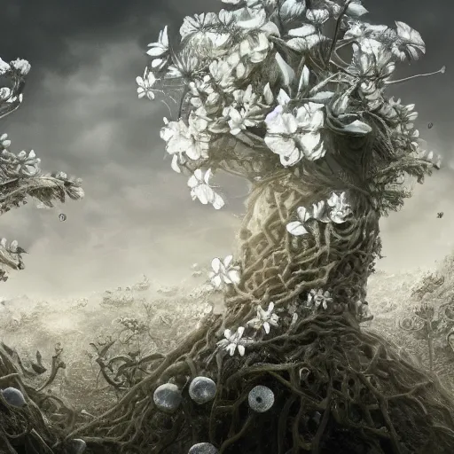 Image similar to intricate bio - mechanical white flowers intertwined with human bio - mechanical organs, intricate environment, matte painting, cinematic, epic composition, highly detailed, atmospheric, wide angle, artstation trending