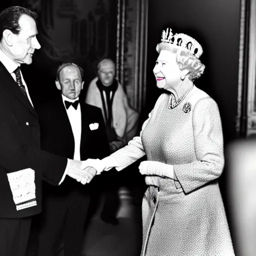 Prompt: detailed black and white photo of queen elizabeth ii meeting julius caesar