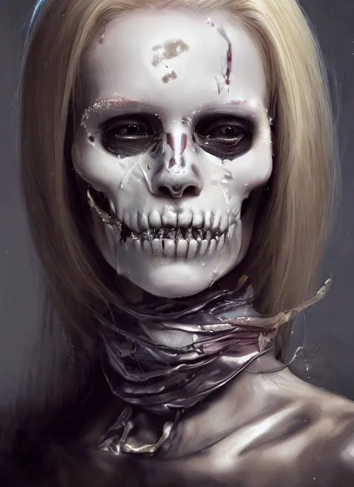 Image similar to A fancy portrait of Blonde girl half endoskeleton torn skin metallic skull by Greg Rutkowski, Sung Choi, Mitchell Mohrhauser, Maciej Kuciara, Johnson Ting, Maxim Verehin, Peter Konig, Bloodborne, 8k photorealistic, cinematic lighting, HD, high details, dramatic, atmospheric , trending on artstation