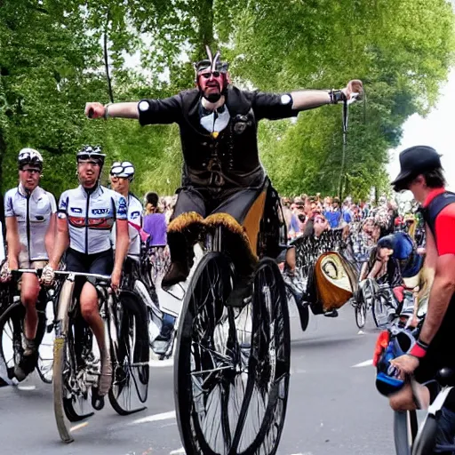 Prompt: a man dressed in steampunk clothing riding a large penny - farthing celebrating winning the tour de france with other riders dressed in modern clothing on modern bikes far behind him and angry, news, file photo, photorealistic, getty images, front page