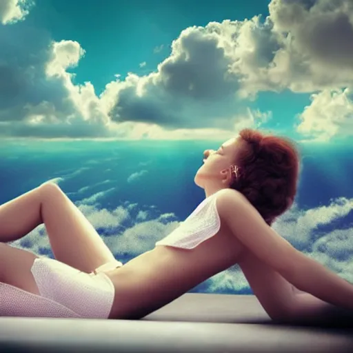 Prompt: beautiful woman laying on a sun lounge amongst the clouds leaving little to the imagination, dreamy, retro futuristic, surreal, realistic