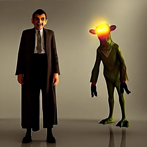 Image similar to mr. bean as jarjar binks from star wars. movie still. cinematic lighting.