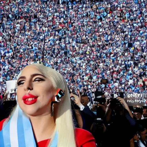 Image similar to Lady Gaga as president, Argentina presidential rally, Argentine flags behind, bokeh, giving a speech, detailed face, Argentina