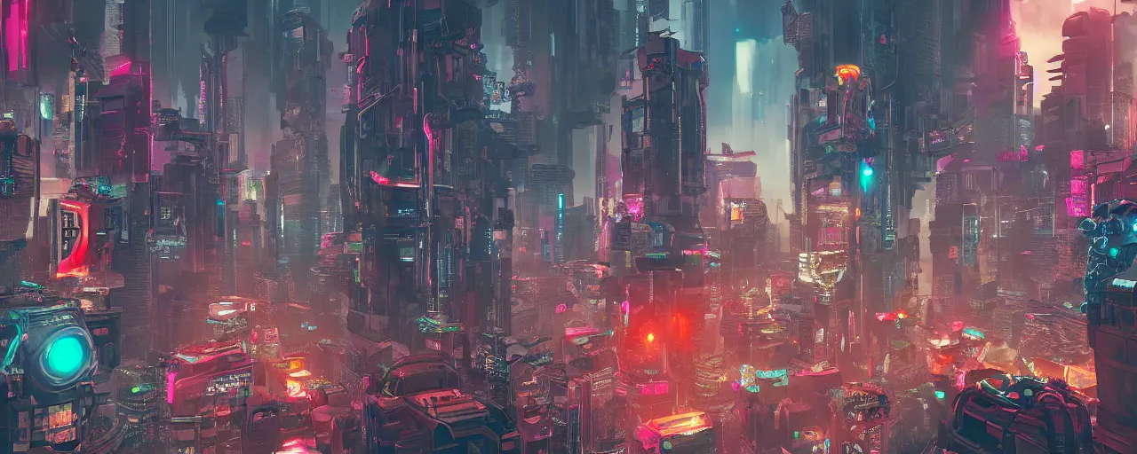 Image similar to cyberpunk city invaded by cute robots from mars, trending on artstation, 8K, ultra wide angle, pincushion lens effect
