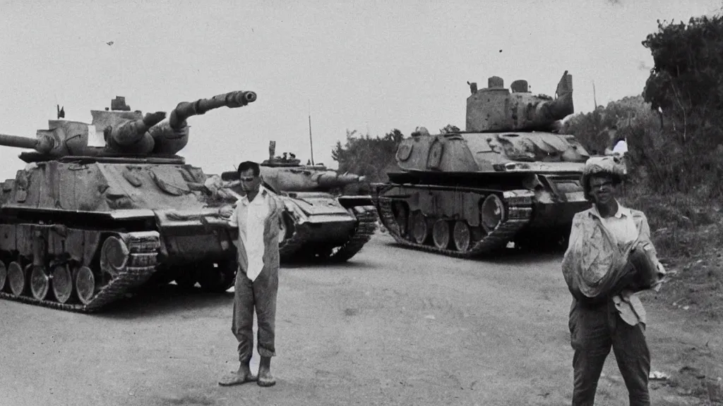 Image similar to old historic photograph with person in white shirt, holding grocery bags, standing alone on the road facing four battle tanks approaching him, intense photo