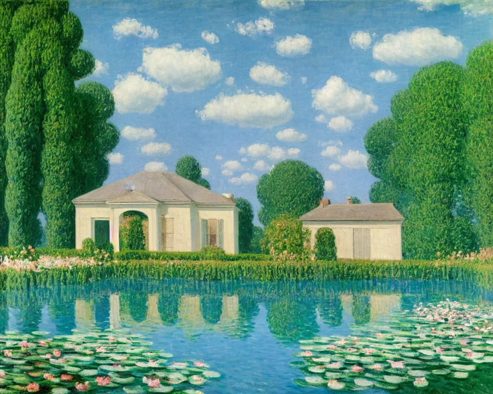 Prompt: achingly beautiful painting of a sophisticated, well - decorated pool house in spring by rene magritte, monet, and turner.