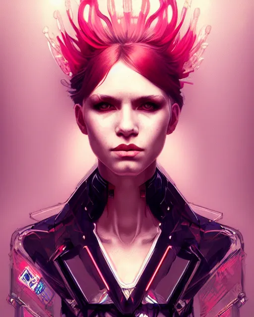 Image similar to beautiful female punk, portrait, cyberpunk, symmetry, detailed, elegant, intricate, dynamic lighting, digital art, digital painting, artstation, wlop, sharp focus, illustration, art by artgerm and greg rutkowski and alphonse mucha, 8 k