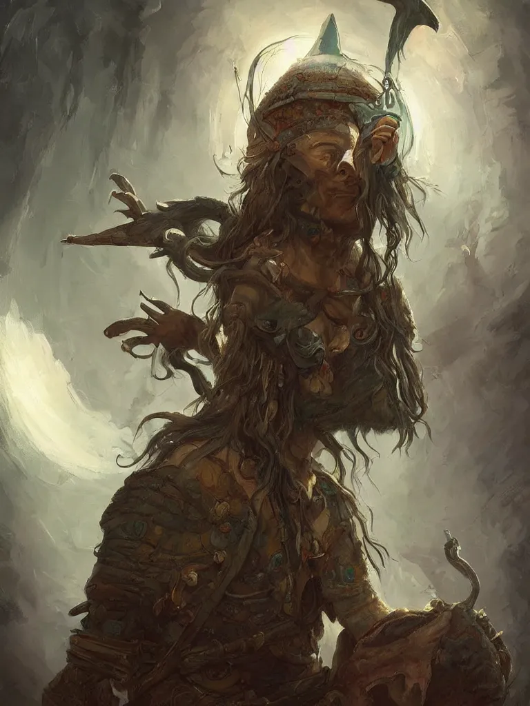 Prompt: Neolithic shaman, wearing playing Virtual Reality, prehistoric, beautiful painting, character concept art portrait, matte fantasy painting, DeviantArt Artstation, by Jason Felix by Steve Argyle by Tyler Jacobson by Peter Mohrbacher, cinema