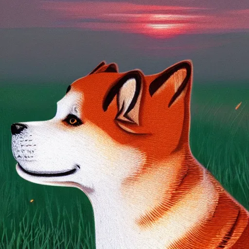 Prompt: The profile of a Shiba Inu sitting in the field, shining golden in the setting sun, illustration, trending on artstation, highly detailed