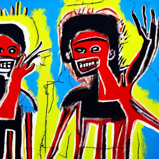 Image similar to a photograph of two girls holding hands while watching the world burn, done in the style of basquiat, akseli gallen kallela, highly detailed, 4 k