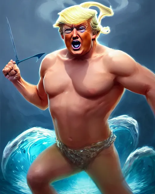 Image similar to character concept art of donald trump as poseidon in a dynamic pose | cute - fine face, pretty face, realistic shaded perfect face, fine details by stanley artgerm lau, wlop, rossdraws, james jean, andrei riabovitchev, marc simonetti, and sakimichan, tranding on artstation