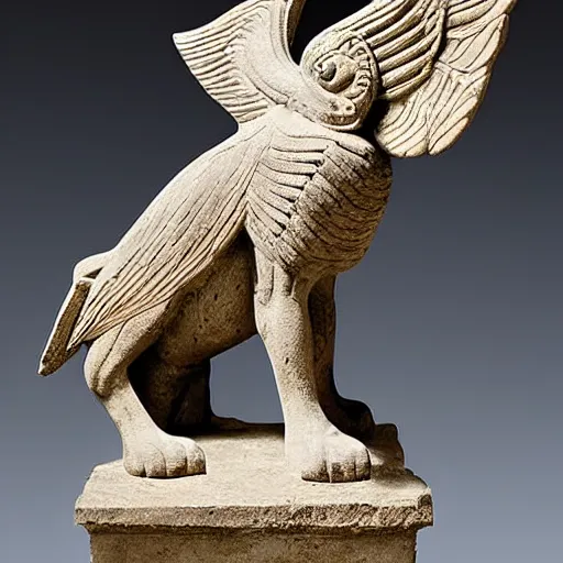 Prompt: a stone sculpture of a winged panther sitting on a pedestal with intricate carvings and fine detail