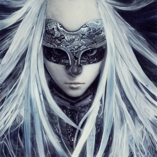 Image similar to Yoshitaka Amano blurred and dreamy illustration of an anime girl with pirate eye patch, wavy white hair and cracks on her face wearing Elden ring armour with the cape fluttering in the wind, abstract black and white patterns on the background, noisy film grain effect, highly detailed, Renaissance oil painting, weird portrait angle