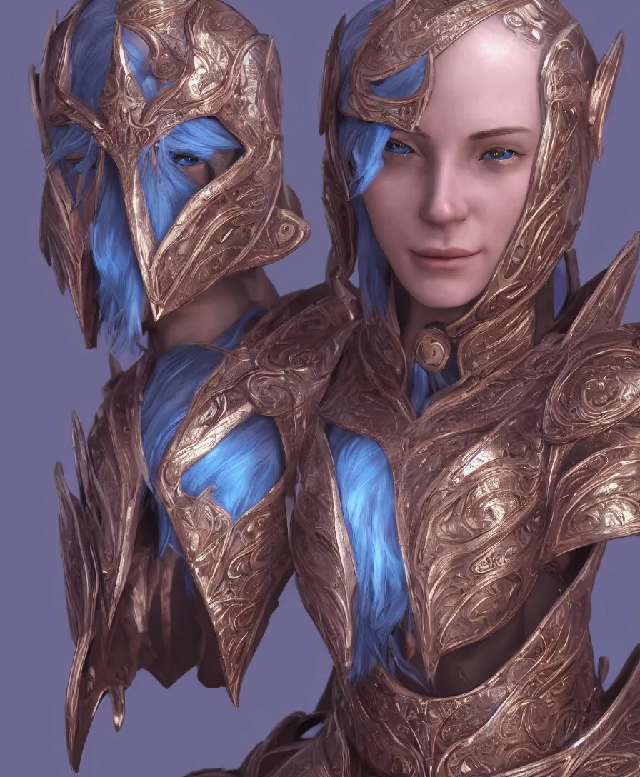 Image similar to a beautiful and highly detailed digital portrait of a dignified female elven paladin with blue hair in rose gold armor by clint cearley, headshot, centered, artsation contest winner, artstation hd, cgsociety, fantasy art, cryengine, concept art, photorealism, daz 3 d, sketchfab, zbrush, vray