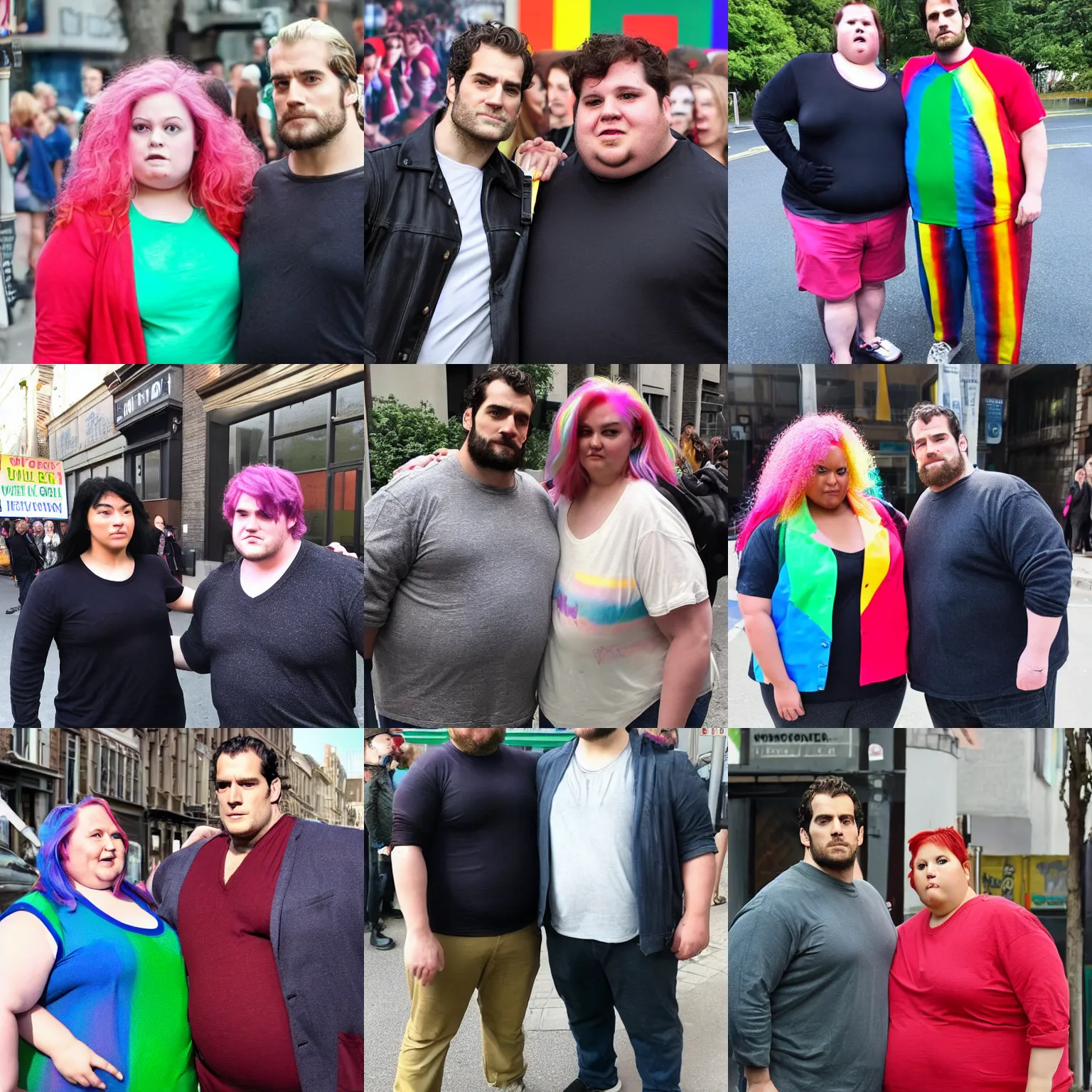 Prompt: obese rainbow color hair henry cavill, standing next to very obese angry feminist, real photograph on the street, close up shoulder height shot