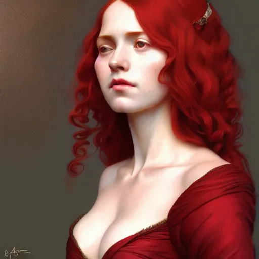 Prompt: long red hair aristocrat, bust portrait, gentle, solemn face, cloth, female, city landscape, d & d, fantasy, intricate, elegant, digital painting, red green color palette, artstation, octane render, concept art, matte, sharp focus, illustration, herrarthstone, art by artgerm and greg rutkowski and alphonse mucha