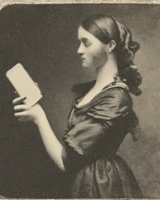 Prompt: an early 1800s photo of someone watching tiktok on their iphone wearing airpods