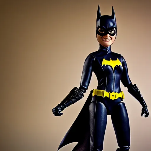 Image similar to high resolution photo of batgirl as an action figure on a pedestal posed in an action pose.