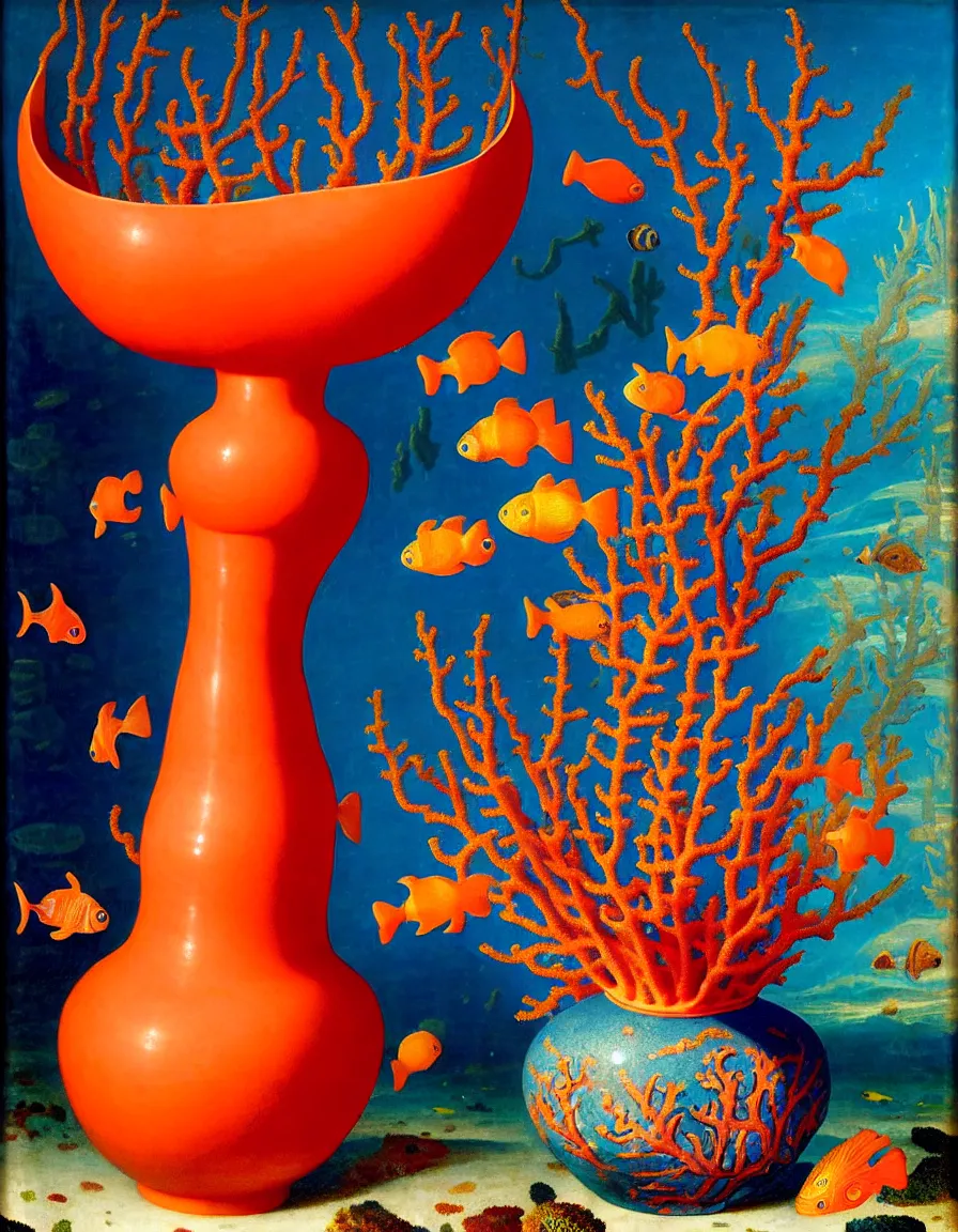 Image similar to bottle vase of coral under the sea and in the sky decorated with a dense field of stylized scrolls that have opaque outlines enclosing mottled blue washes, with orange shells and purple fishes, ambrosius benson, oil on canvas, hyperrealism, around the edges there are no objects