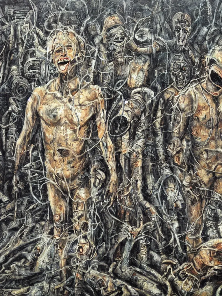 Image similar to after nuclear fallout, people searching for the happiness, stalker, detailed painting