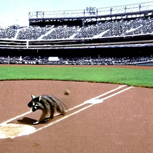 Prompt: Raccoon fielding a fly ball in the outfield at Yankee stadium with the crowd cheering