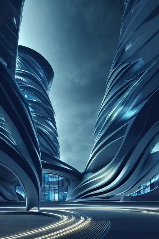 Prompt: a futuristic scene in front of a zaha hadid building, cinematic matte painting, extreme detail photo quality, dark moody colors, featured on behance