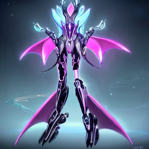 Image similar to highly detailed realistic exquisite fanart, of a beautiful female warframe, but as an anthropomorphic elegant robot female dragon, glowing eyes, shiny and smooth off-white plated armor, bright Fuchsia skin beneath the armor, sharp claws, well designed robot dragon dragon hands, and sharp elegant robot dragon feet, royal elegant pose, full body and head shot, epic cinematic shot, professional digital art, high end digital art, sci fi, DeviantArt, artstation, Furaffinity, 8k HD render, epic lighting, depth of field