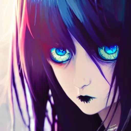 An anime girl with black hair and blue highlights. her hair is long and  straight. her eyes are amber