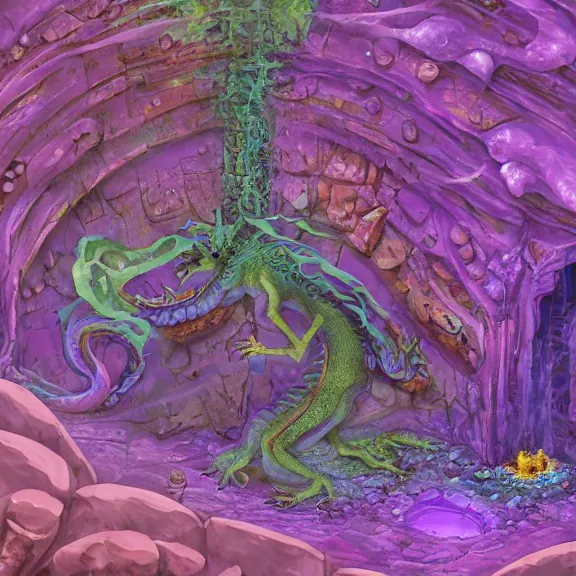 Image similar to detailed shot of inside a cavernous living stomach of a goddess, the walls purple and pulsing, lots of acid pooling up on the floor, digesting and dissolving a small dragon as it thrashes in acid, food pov, micro pov, vore, digital art, furry art, anthro art, high quality, 8k 3D realistic, macro art, micro art, Furaffinity, Deviantart, Eka's Portal, G6