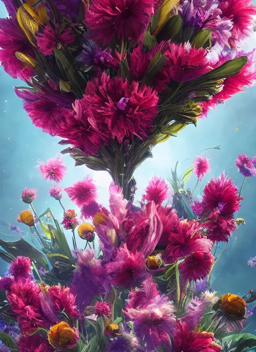 Image similar to An epic fantastic realism comic book style painting of the most beautiful flowers launched into space, bouquets, fisheye lens, unreal 5, DAZ, hyperrealistic, octane render, dynamic lighting