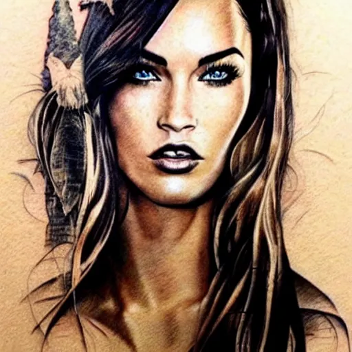 Image similar to realistic tattoo sketch of megan fox face double exposure with a mountain scenery, in the style of matteo pasqualin, amazing detail, sharp