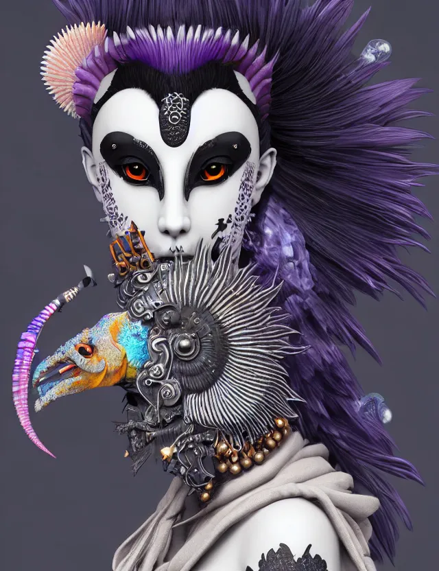 Image similar to 3 d goddess close - up profile portrait punk with mohawk with ram skull. beautiful intricately detailed japanese crow kitsune mask and clasical japanese kimono. betta fish, jellyfish phoenix, bio luminescent, plasma, ice, water, wind, creature, artwork by tooth wu and wlop and beeple and greg rutkowski