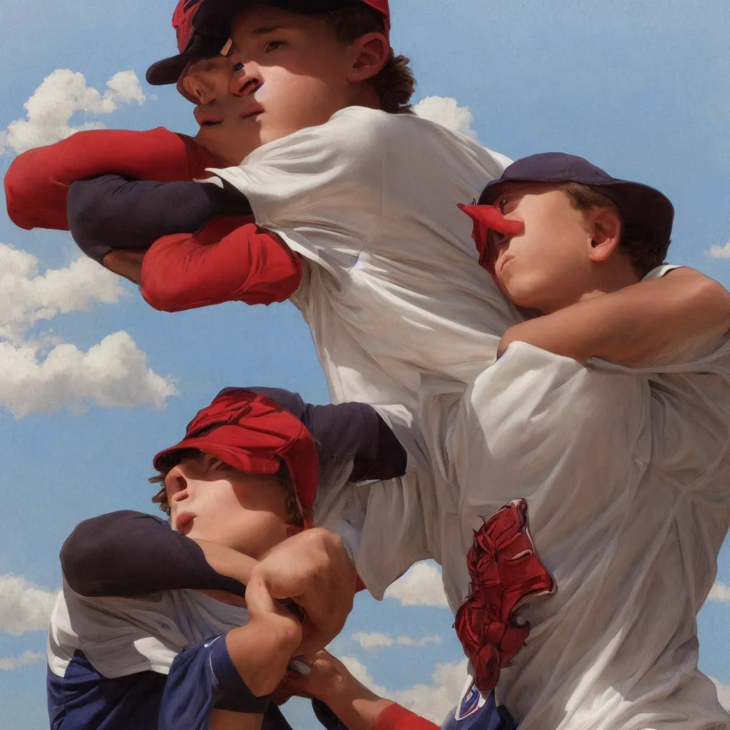 Prompt: portrait of a young baseball player, playing a baseball, 1 5 years old, correct body structure, blue sky and white clouds, gorgeous, red eyes, peaceful expression, detailed face, amazing, thighs, the feeling of summer, intricate, highly detailed, digital painting, artstation, concept art, sharp focus, illustration, art by greg rutkowski and alphonse mucha