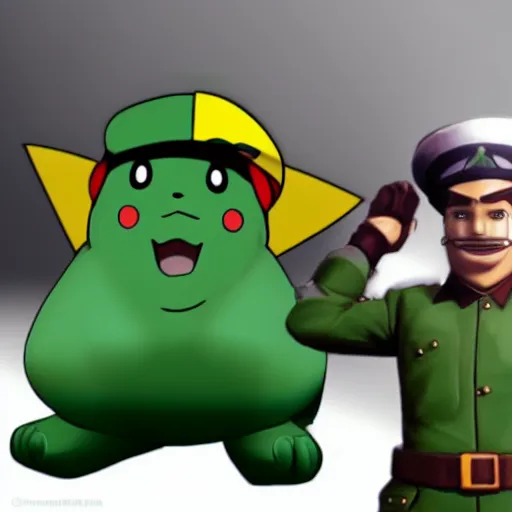 Prompt: A photorealistic green tin soldier from Team Fortress 2 saluting to Ash's Pikachu. Pikachu is drawn in an anime style and its head is replaced with the Heavy's head from Team Fortress 2. Pikachu is also happily saluting back at the tin soldier