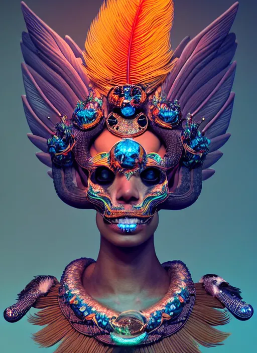 Prompt: a 3 d wlop goddess portrait, 8 k micro details beautiful intricate highly detailed quetzalcoatl skull and feathers. bioluminescent, fire, snow, thunderstorm! artwork by tooth wu and wlop and beeple and greg rutkowski, trending on artstation,