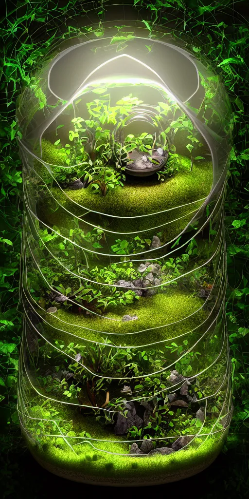 Prompt: graphic of enchanted terrarium, vines wrap around the terrarium, unreal engine 5, blender, depth of field, ultra realistic, cinematic, macro, artstation, megascan, intricate, epic, Quixel, weta digital, focus, octane render, v-ray, digital art, highly detailed illustration, golden ratio, prism undertones, rule of thirds