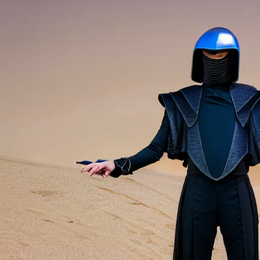 Image similar to low angle upper view of Austin Butler dressed in futuristic-baroque prussian blue duelist-garb and nanocarbon-vest and greaves, standing in an arena in Dune 2020, XF IQ4, f/1.4, ISO 200, 1/160s, 8K, RAW, unedited, symmetrical balance, face in-frame