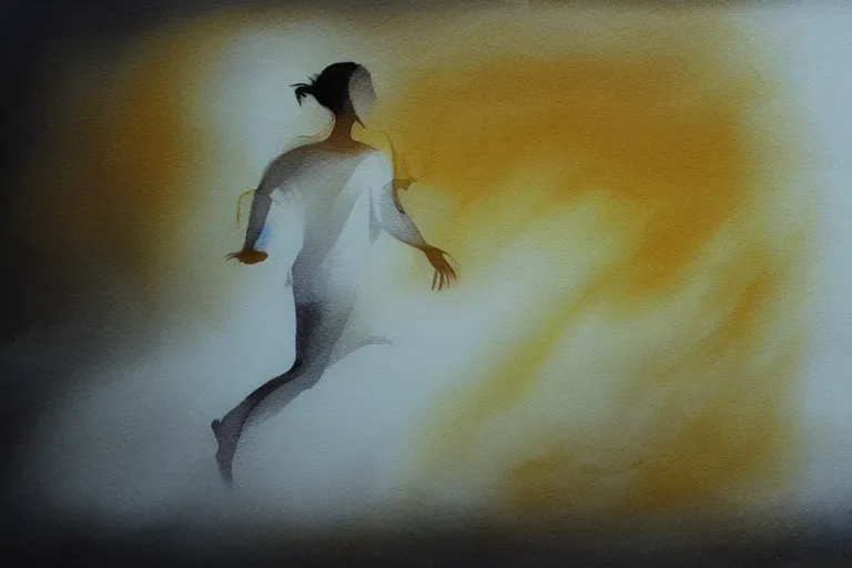 Prompt: beautiful serene runner, healing through motion, life, uplifting, minimalistic golden and ink airbrush painting on white background, pristine dream