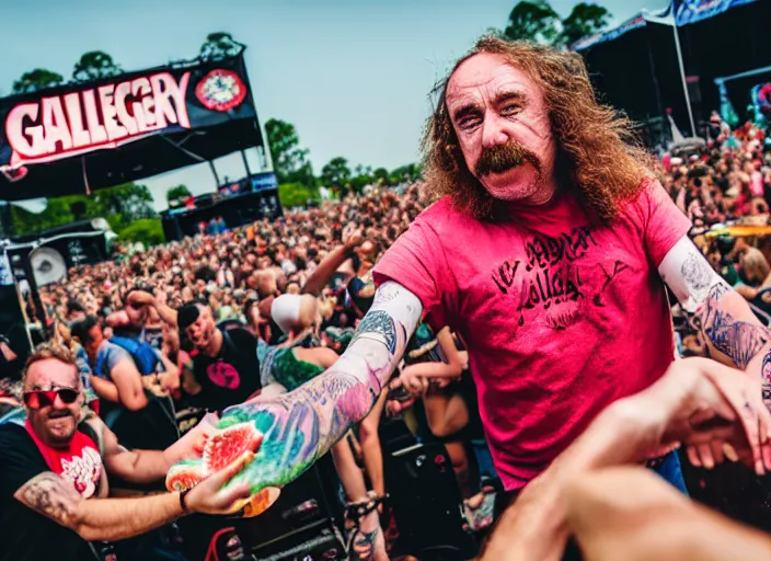 Image similar to photo still of gallagher at vans warped tour!!!!!!!! at age 4 5 years old 4 5 years of age!!!!!!! throwing watermelons at a crowd, 8 k, 8 5 mm f 1. 8, studio lighting, rim light, right side key light