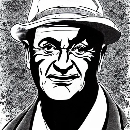 Image similar to Joe Pesci black & white portrait, manga panel, art by Nobuyuki Fukumoto
