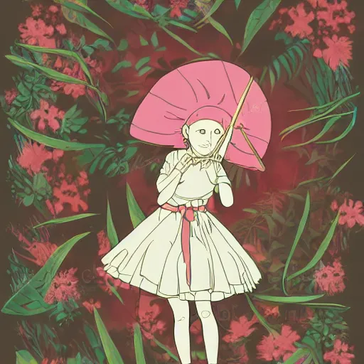 Image similar to cell shaded key visual of a young girl in a floral playing dress the violin in the style of studio ghibli, moebius, makoto shinkai,