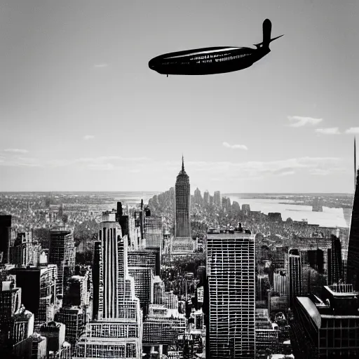 Prompt: grainy black and white photo of an airship over new york city
