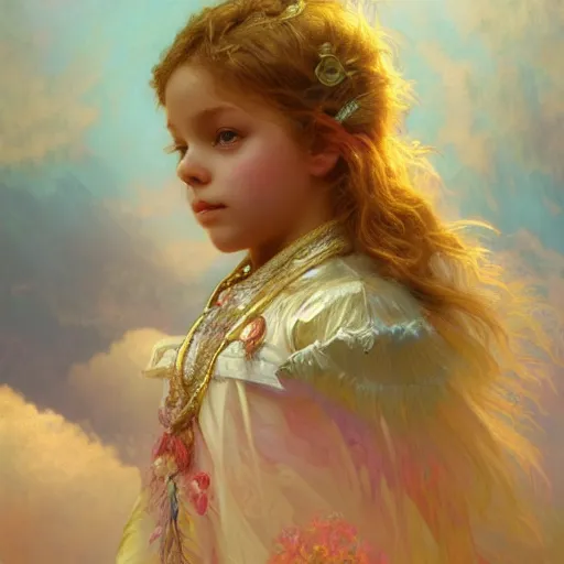 Prompt: childs day dream in clouds, sharp focus, intricate, elegant, digital painting, artstation, matte, highly detailed, concept art, illustration, volumetric lighting, gold and blue and pink color scheme, art by greg olsen, alphonse mucha, and greg rutkowski