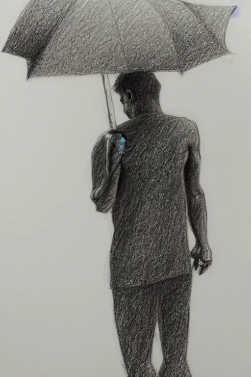Image similar to a drawn man standing in the rain. pencil sketch.