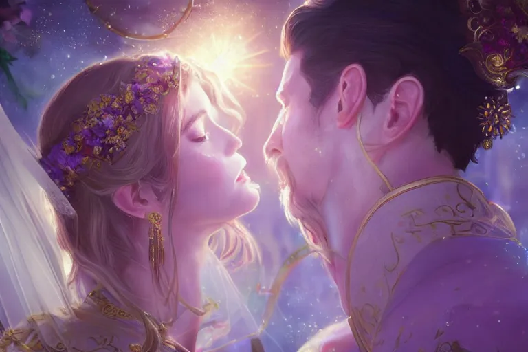 Image similar to a dreamlike cinematic portrait of wedding photograph close up moment of a divine a russia sun god and moon goddess lovers magician at a wedding banquet. portraiture. digital painting. artstation. concept art. fantasy wedding photo. digital painting, 8 k realistic, hyper detailed, violet evergarden art masterpiece by art by krenz cushart