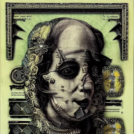 Image similar to post - punk new age album cover, asymmetrical design, dollar bank notes, capitalism, magic, apocalypse, psychedelic, black white pink, highly detailed, magic, giger h. r., giuseppe arcimboldo