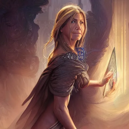 Image similar to jennifer aniston, deep focus, d & d, fantasy, intricate, elegant, highly detailed, digital painting, artstation, concept art, matte, sharp focus, illustration, hearthstone, art by artgerm and greg rutkowski and alphonse mucha