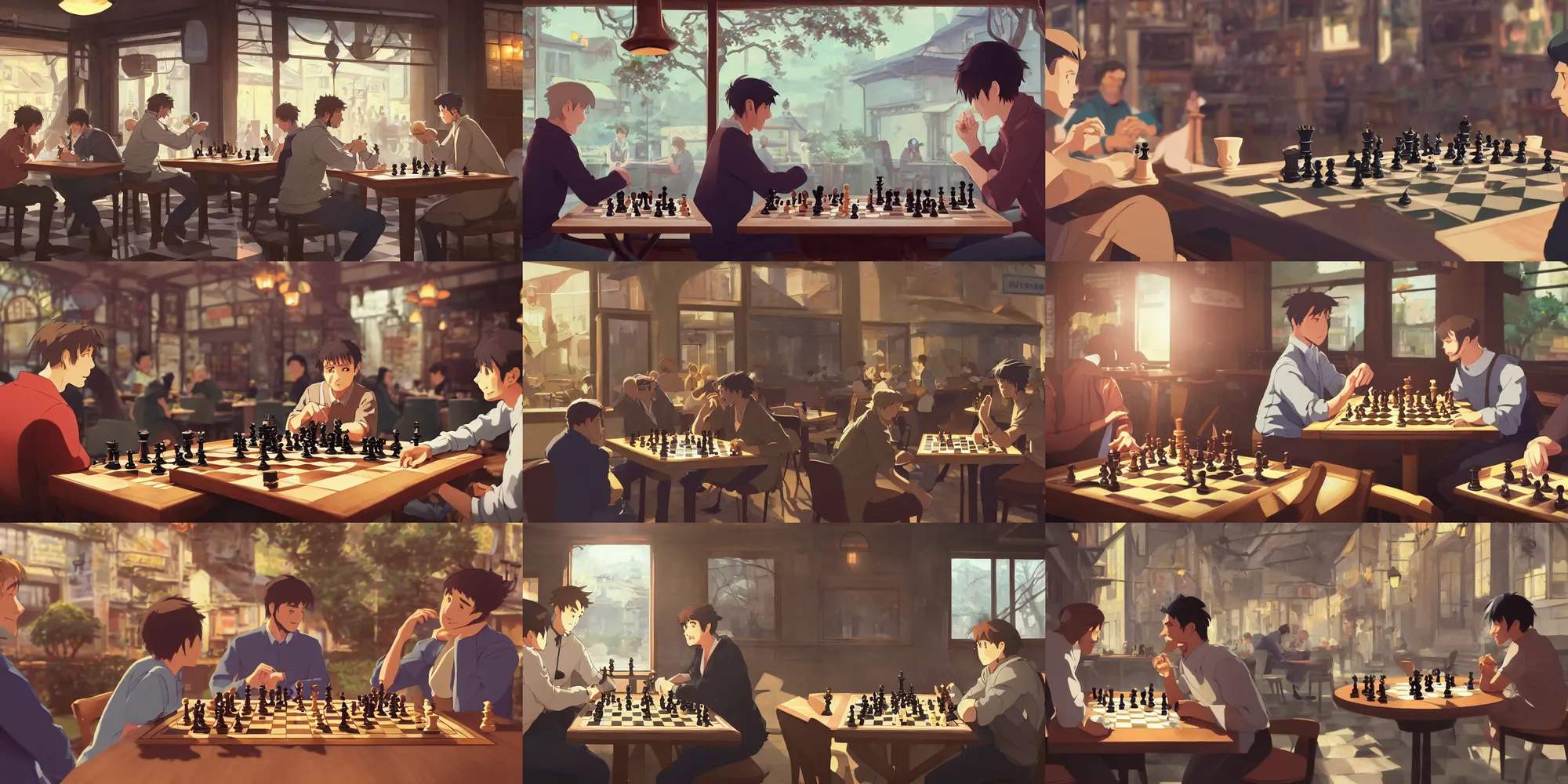 Prompt: a wholesome animation key shot of two men playing chess at a cafe, medium shot, waist up, studio Ghibli and Disney animation, sharp, Rendered in Unreal Engine 5, anime key art by Greg Rutkowski, dramatic lighting