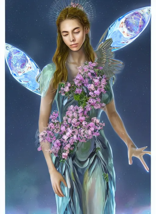 Prompt: portrait of teen Italian as a Celestial Goddess of a futuristic airforce, inside future fighter, sci-fi, fantasy, intricate, lush garden spaceship with sakura season flowers in Waimea canyon Kauai, elegant, human anatomy, royal green and nature light, royal blue emotions, highly detailed, digital painting, artstation, concept art, smooth, sharp focus, illustration, art by tian zi and James Jean and alphonse mucha, masterpiece